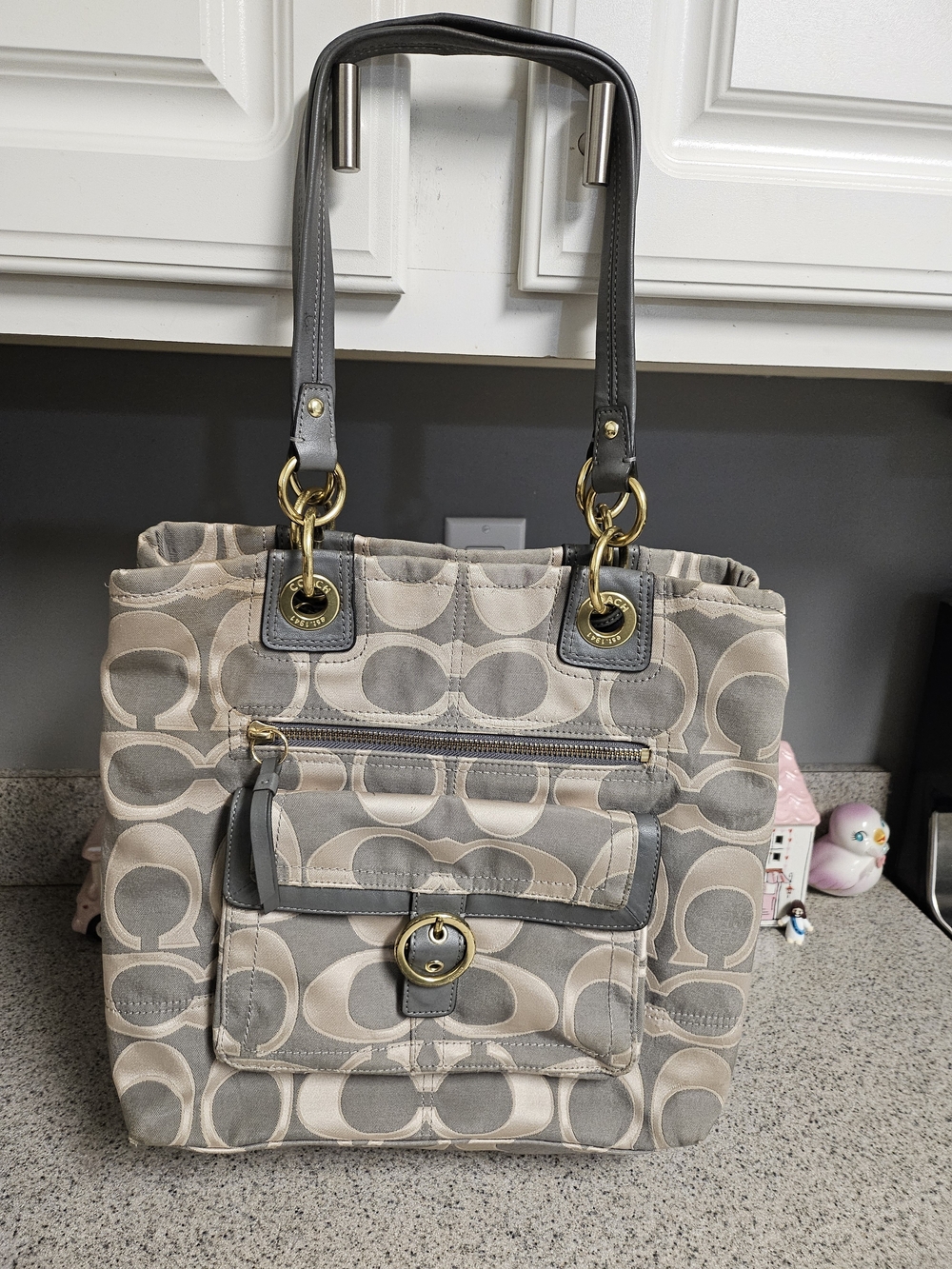 Coach Beige & Gray Signature Tote with Gold Hardware